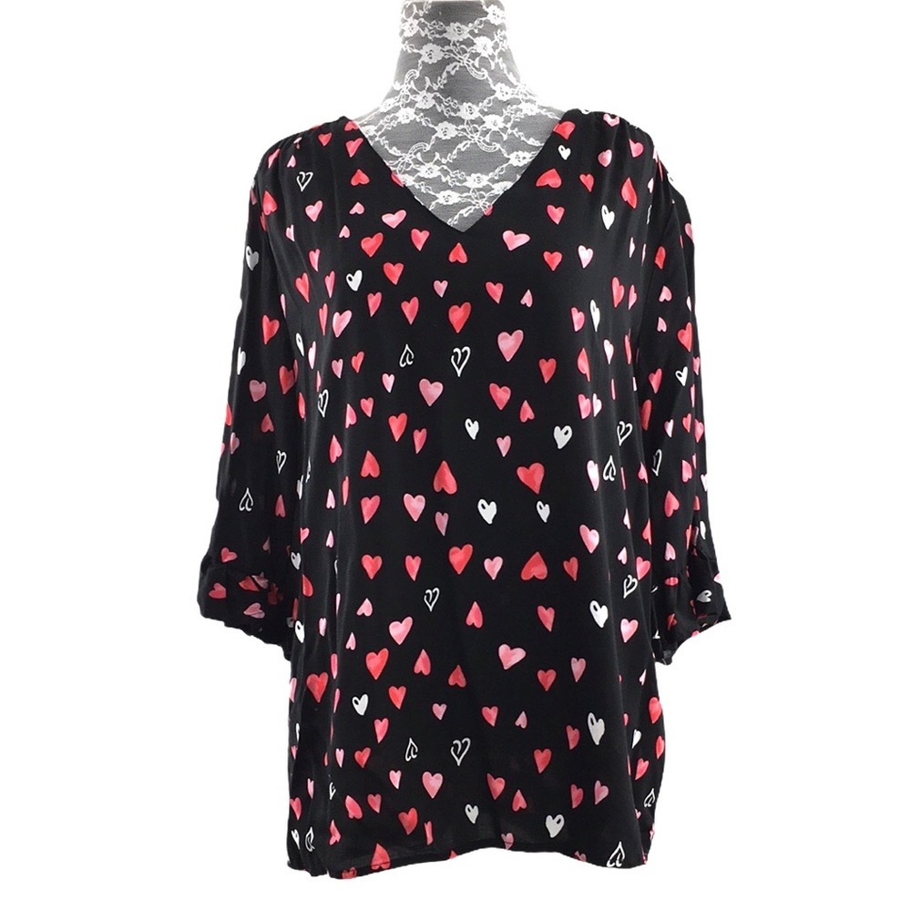 Rachel Roy Black Hearts Print V Neck Rayon Blouse